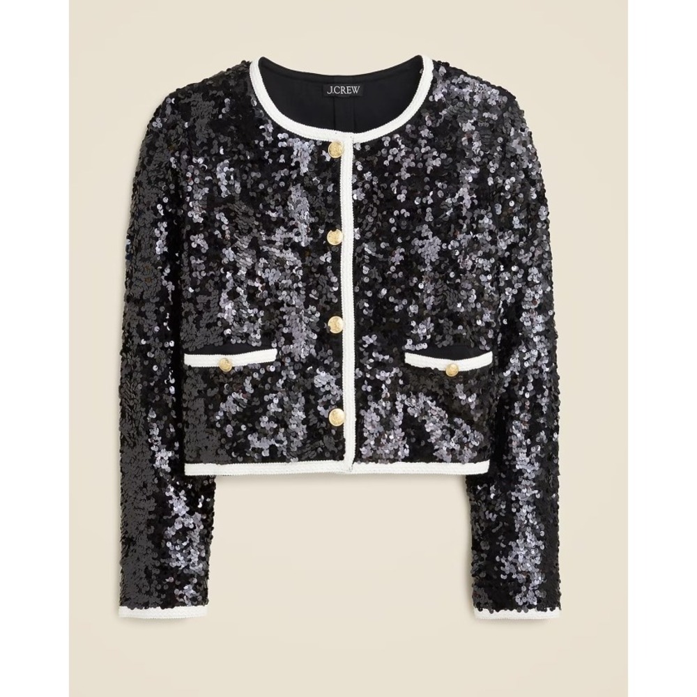 J.Crew Sequin Lady Jacket Black White Contrast Gold Button CF475 M NEW - Picture 2 of 11